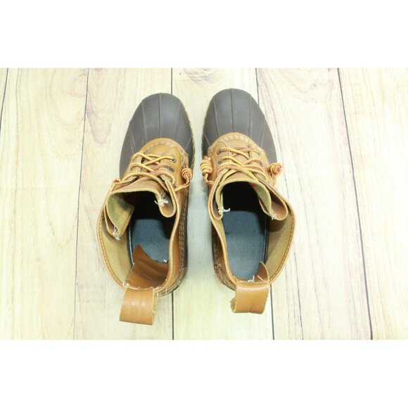 LL Bean Brown Leather Lace Up Round Toe Unlined Ankle Duck Boots Size 8 Wide - Picture 7 of 10